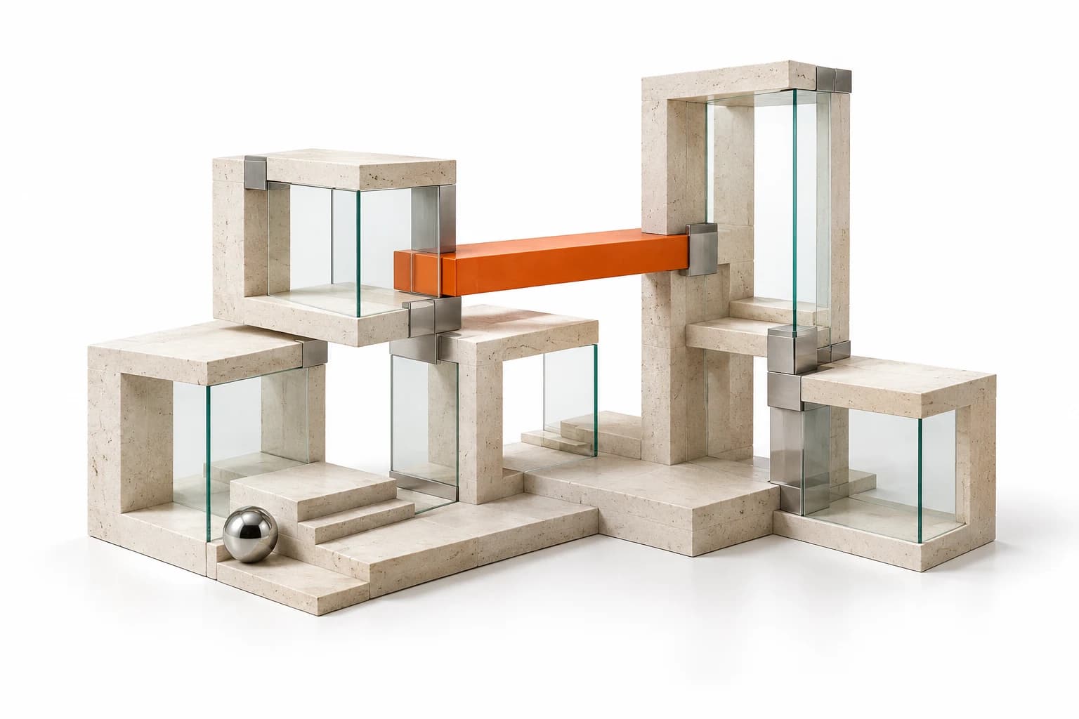 Interconnected limestone and glass modules joined by an orange bridge