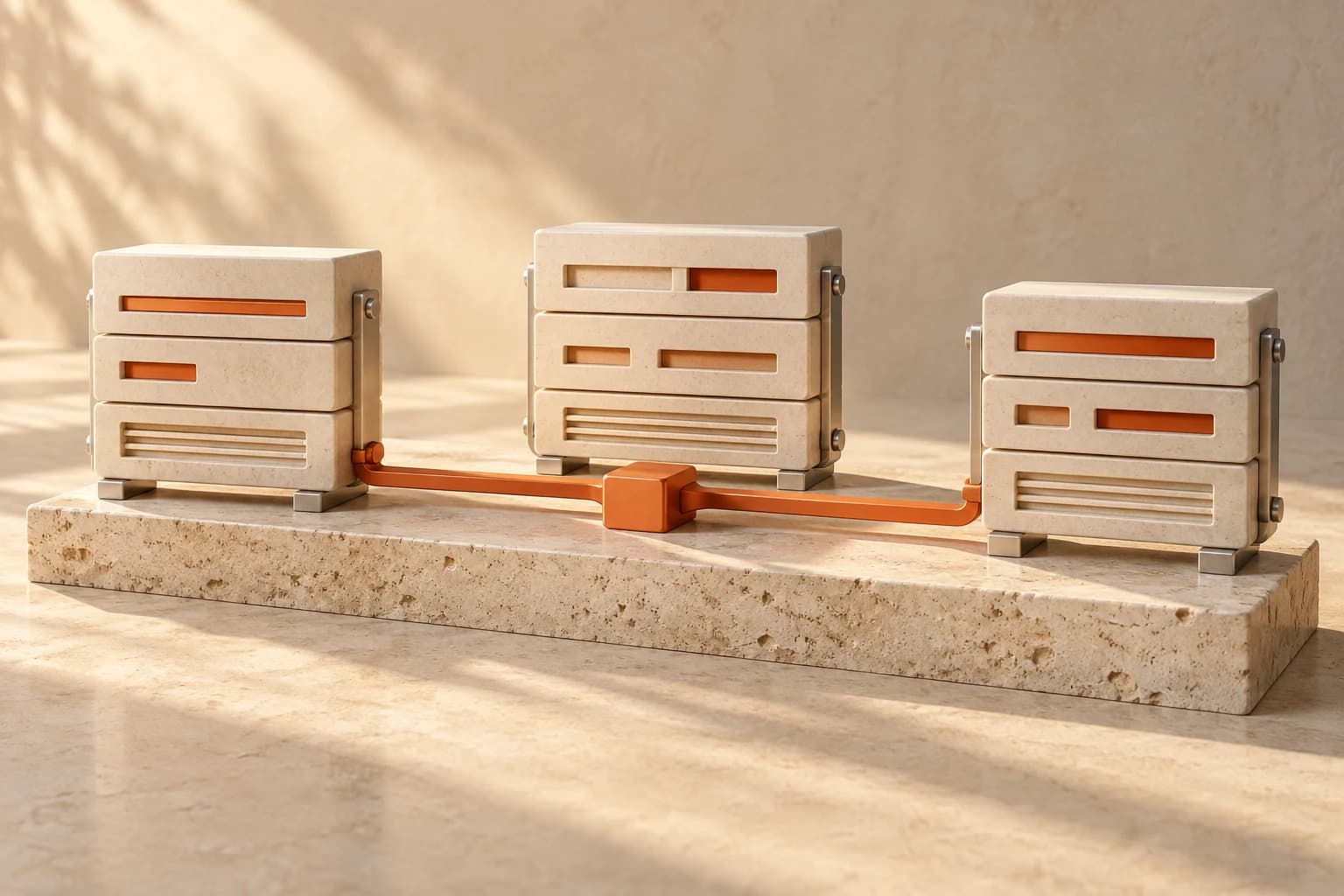 Three cream stone data modules joined by an orange rail on a travertine foundation